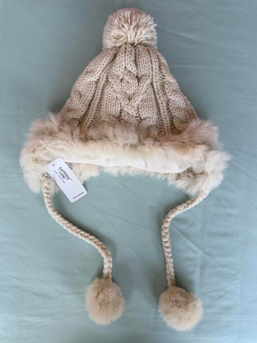 Beige Faux-Fur Trim Knit Pom Pom Hat for Kids